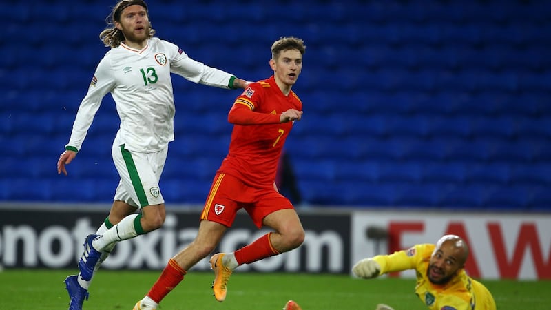 Darren Randolph makes a save from David Brooks during Ireland’s defeat to Wales. Photograph: Geoff Caddick/Getty/AFP