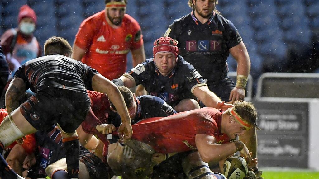 Munster’s Gavin Coombes scores a try during the Guinness Pro 14 game against Edinburgh at Murrayfield. Photograph: Craig Watson/Inpho