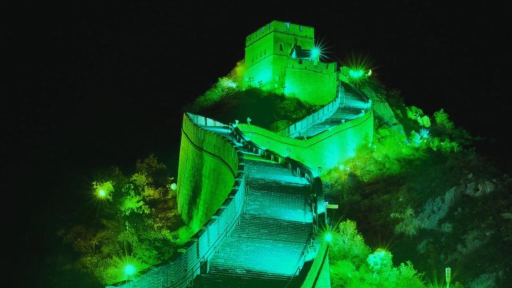 A section of the Great Wall of China is being lit up in green for St Patrick’s Day