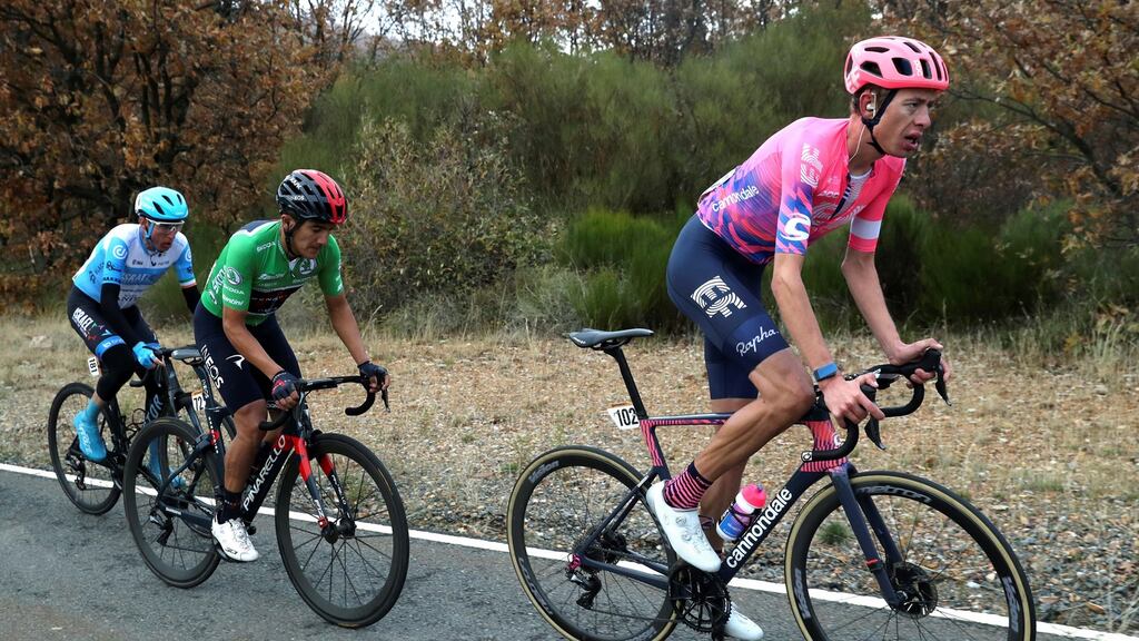 Dan Martin (left) behind Richard Carapaz and Hugh Carthy during the 17th stage of the Vuelta a Espana 2020 cycling race over 178.2km from Sequeros to Alto de la Covatilla. Photo: Kiko Huesca/EPA