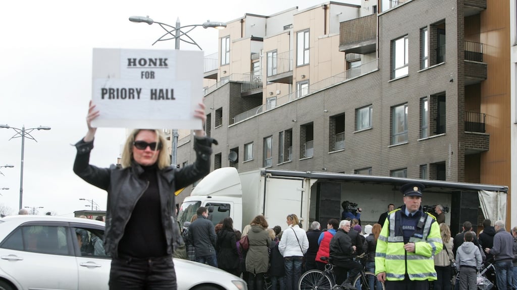 Residents and supporters protesting outside Priory Hall in 2012. Photograph: Cyril Byrne