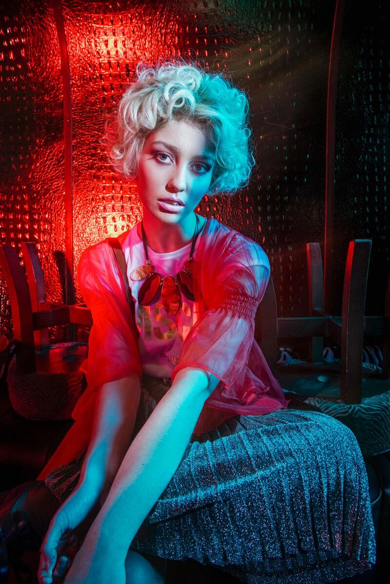 Vintage red chiffon jacket (¤40) Mercury Goes Retrograde, Cork. T-shirt (¤25), pleated lurex skirt (¤89.99) both from Moda Mallow, Cork. Animal print belt (¤49.50), necklace (¤49) both from Sheena’s Boutique, Cork. Marco Morea loafers (¤180), crossbody handbag (¤95) both from O’Flynn’s Footwear, Mallow, Cork