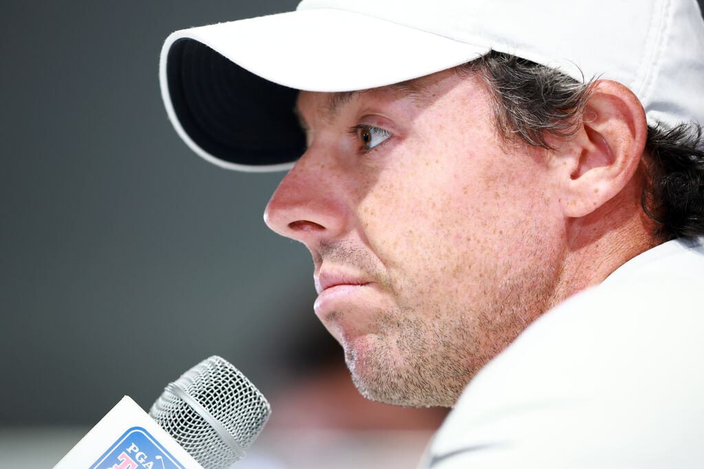 Rory McIlroy speaks to the media after playing in the Pro-Am of the RBC Canadian Open at Oakdale Golf and Country Club on Wednesday in Toronto, Ontario, Canada. Photograph: Vaughn Ridley/Getty Images