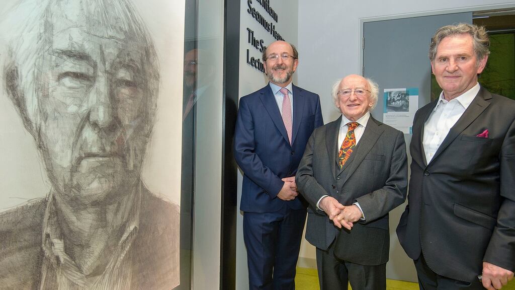 DCU president Prof Brian MacCraith, President Michael D Higgins and Prof Ciarán Benson at an event in the Seamus Heaney Lecture Theatre in DCU marking the 40th anniversary of the Benson Report. Photograph: Dave Meehan for The Irish Times