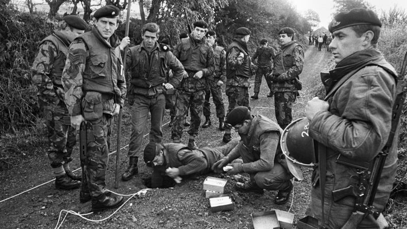 British Army soldiers blow up an unapproved road on the Northern Ireland border with the Republic of Ireland, 13th October 1971. Photograph: McBride/Mirrorpix/Getty Images