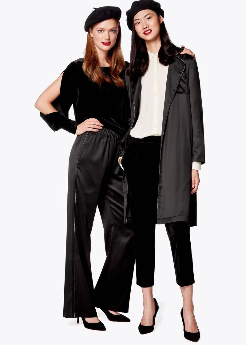 Black velour blouse 39,95, satin trousers 49,95, court shoes 89,95, white shirt 39.95. Kimono satin long jackets 69.95, velour trousers 59.95, white shirt 39.95 all from Benetton, St Stephen's Green, Dublin.