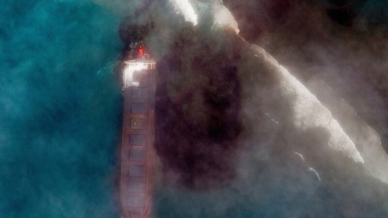 An aerial view of oil leaking from the MV Wakashio, a bulk carrier ship that recently ran aground off the southeast coast of Mauritius. Photograph: Maxar Technologies/AP