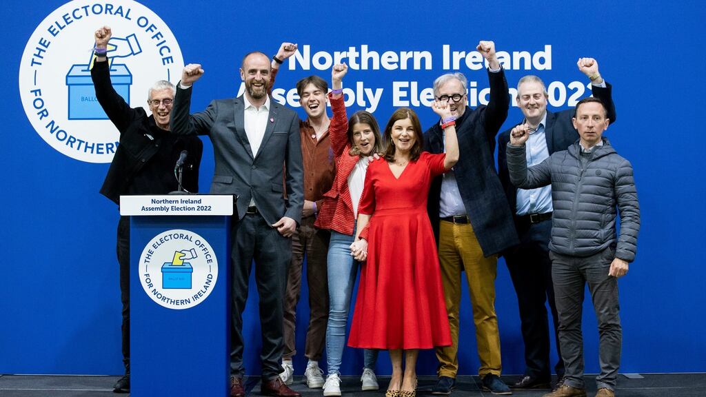 SDLP MLAs Mark H Durkan (second left) and Sinead McLaughlin (centre), who was both returned to the Northern Ireland Assembly, with supporters at Meadowlands Arena, Magherafelt. Photograph: Liam McBurney/PA Wire