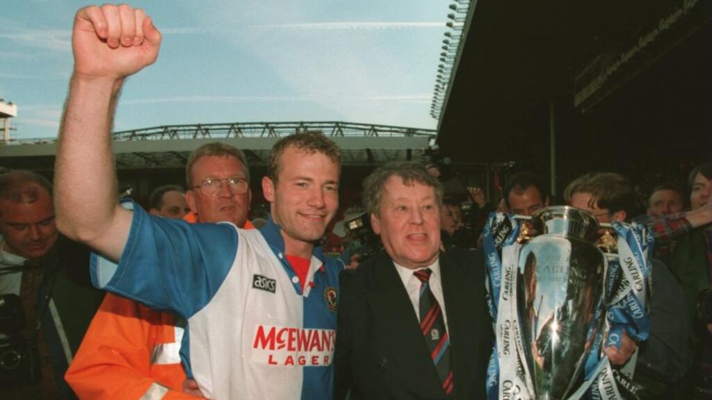 Blackburn Rovers president Jack Walker with striker Alan Shearer after winning the Premiership in 1995. The local businessman took control of the club in 1991. Photograph: Allsport.