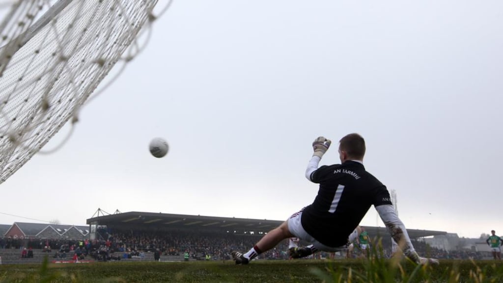 Galway’s Shane Walsh scores his side’s second goal despite the efforts of Westmeath’s goalkeeper Darren Quinn during their Division Two match at Cusack Park, Mullingar, Co Westmeath. Photograph: Inpho