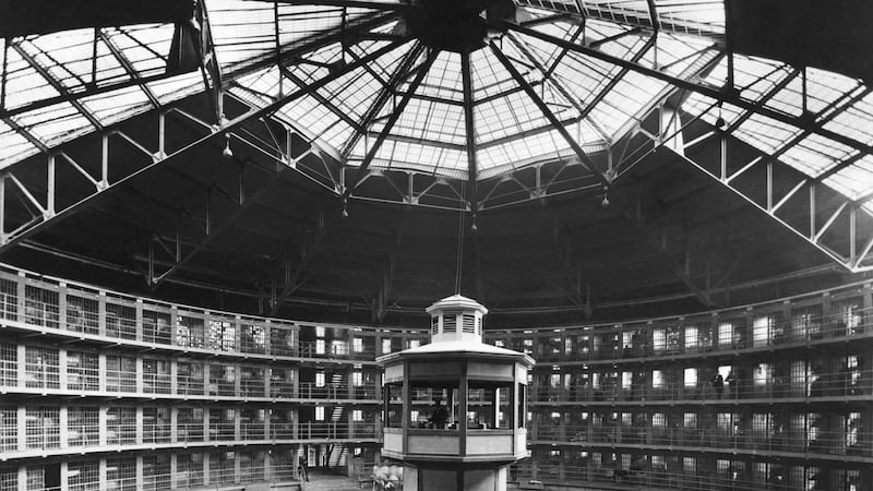 The prison with its circular cell layout and the central guard tower at Stateville Correctional Center, Illinois, follows the panopticon design by British philosopher and prison reformer Jeremy Bentham. Photograph: Underwood Archives/Getty Images