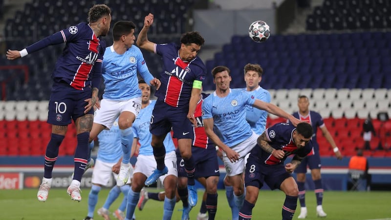 Marquinhos heads home the opening goal for Paris Saint-Germain during the Champions League semi-final, first leg against Manchester City at the Parc des Princes. Photograph: Alex Grimm/Getty Images