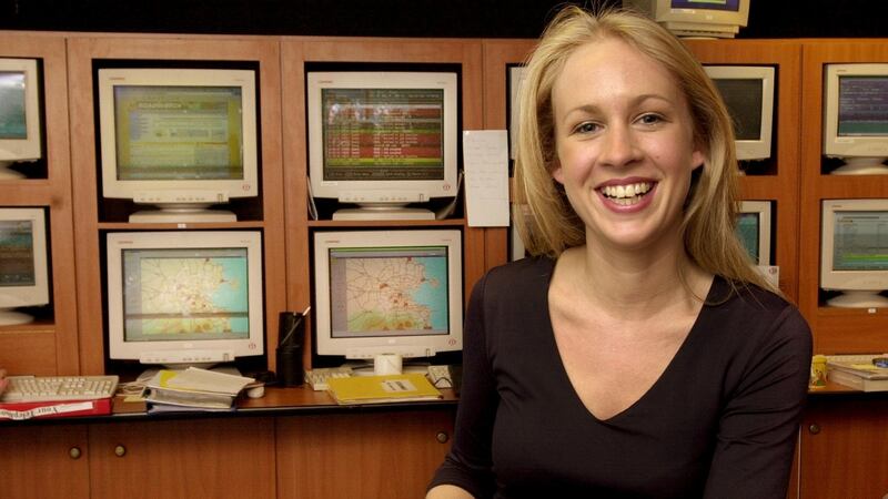 Former AA Roadwatch reporter Emma Caulfield pictured in the Roadwatch newsroom in 2001. Photograph: Bryan O’Brien