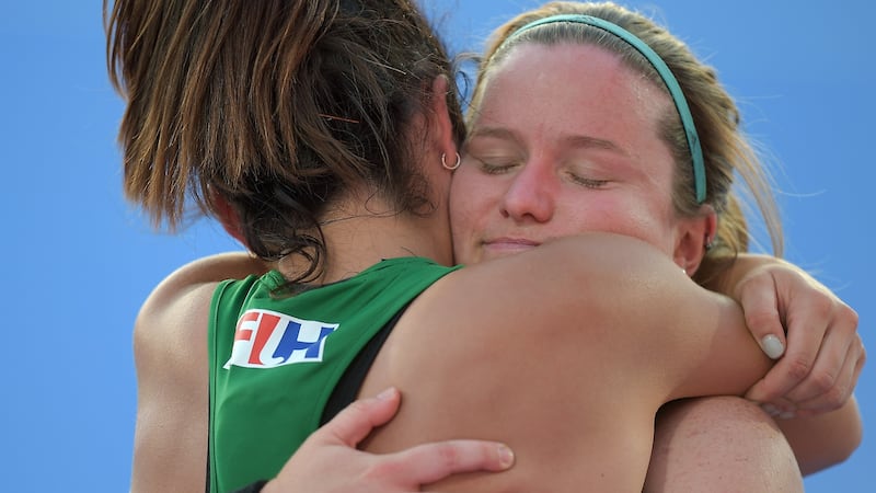Shirley McCay and Anna O’Flanagan celebrate after Saturday’s semi-final penalty shootout against Spain. Photograph: Joe Toth/Inpho