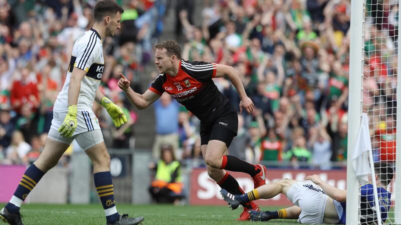Mayo’s Andy Moran celebrates after scoring his goal. Photograph: Lorraine O’Sullivan/Inpho