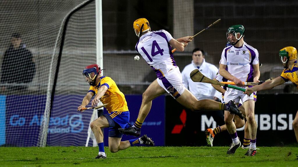 Kilmacud Crokes’ Ronan Hayes scores a goal at the end of the game to force extra-time in the Dublin SHC Final at Parnell Park. Photograph: Ryan Byrne/Inpho
