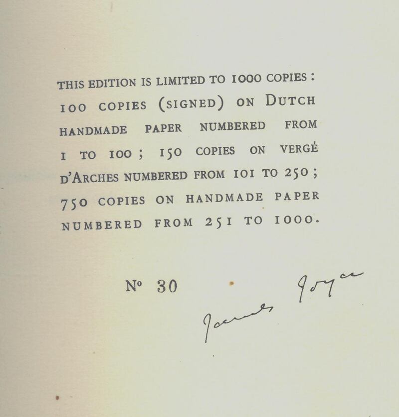 James Joyce’s signature inside the book.