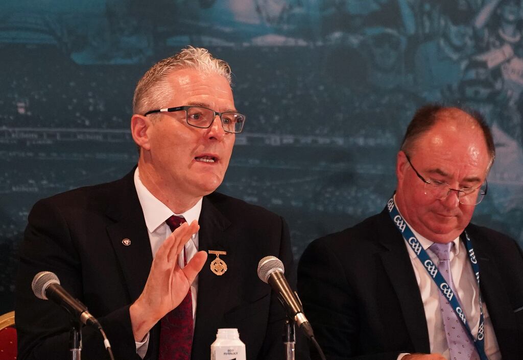 GAA president Jarlath Burns speaks during Annual Congress at the Abbey Hotel in Donegal. Photograph: Leah Scholes/Inpho