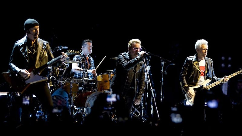 U2 on their “iNNOCENCE + eXPERIENCE” tour, September 2015. Photograph: Paul Bergen/AFP/Getty Images