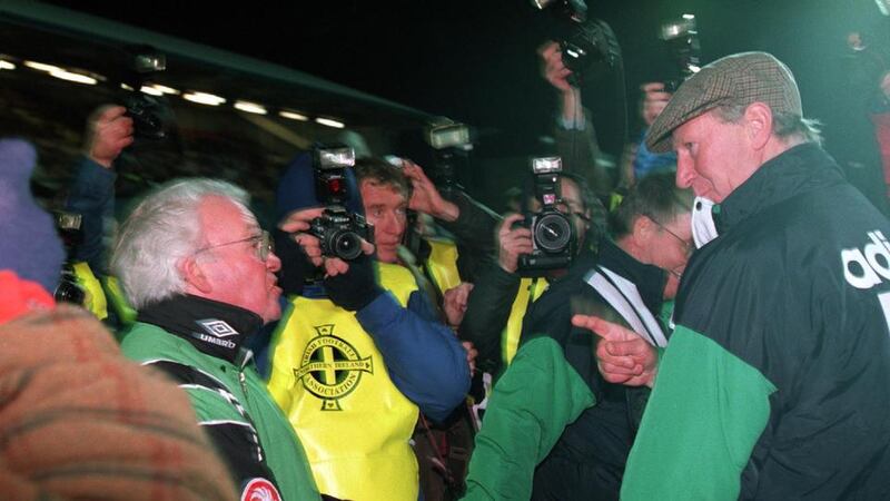 Ireland manager Jack Charlton says “up yours” to Northern Ireland manager Billy Bingham at the end of the game. Photo: Billy Stickland/Inpho