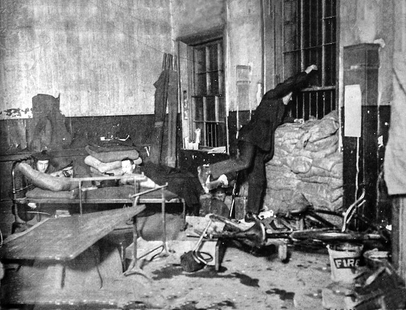 The Graphic publised this staged photograph, purportedly showing the attempted escape from the Dublin Castle guardroon of Dick McKee, Peadar Clancy and Conor Clune