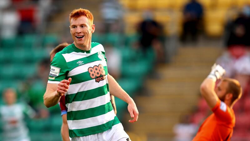 Rory Gaffney celebrates scoring Shamrock Rovers’ first goal during the FAI Cup first-round game against Galway United at Tallaght Stadium. Photograph: Ryan Byrne/Inpho
