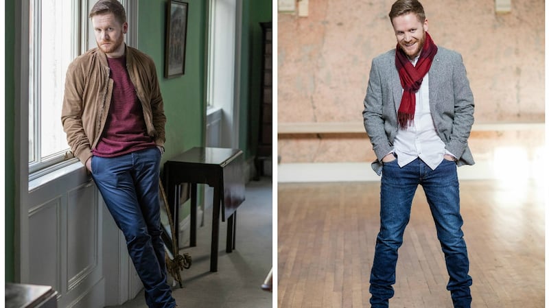 Left – Grace’s choice: Burgundy jumper, €39.95, Jack & Jones Vintage; beige suede bomber jacket, €170, Mango Mens; navy chinos, €50, Jack & Jones; beige lace up boots, €115, Hudson. Right- Right – Ian’s choice: White shirt, €89.90, Calvin Klein; jeans, €59.95, Jack & Jones; grey blazer, €220 Remus Uomo; red scarf, €65, Ted Baker; brown boots, €140, Kurt Geiger;