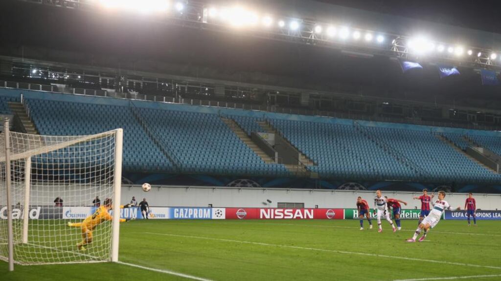 Thomas Müller of Bayern Munich scores the opening goal with a penalty during the Uefa Champions League group match against CSKA Moscow at Khimki Arena. Photograph: Alexander Hassenstein/Bongarts/Getty Images