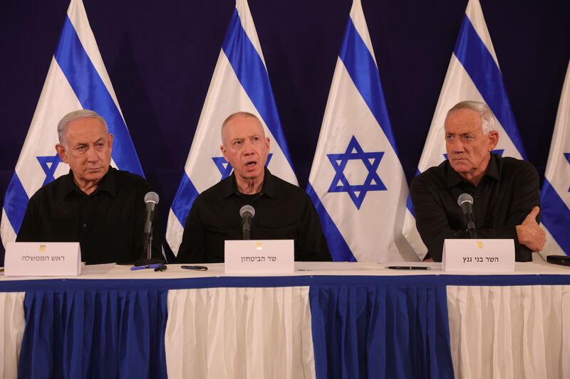 Israeli prime minister Binyamin Netanyahu, defence minister Yoav Gallant and cabinet minister Benny Gantz during a news conference in Tel Aviv, Israel. Photograph: Abir Sultan/AP