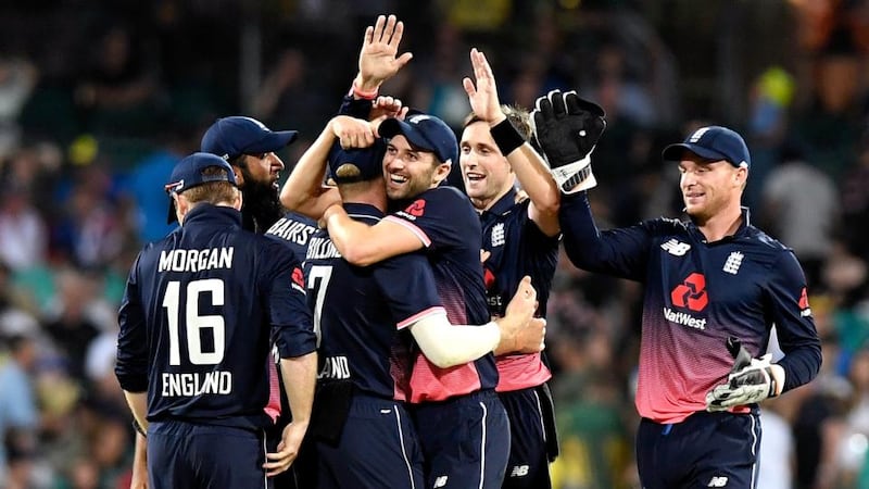 England celebrate the key wicket of Marcus Stoinis in Sydney. Photograph: Bradley Kanaris/Getty