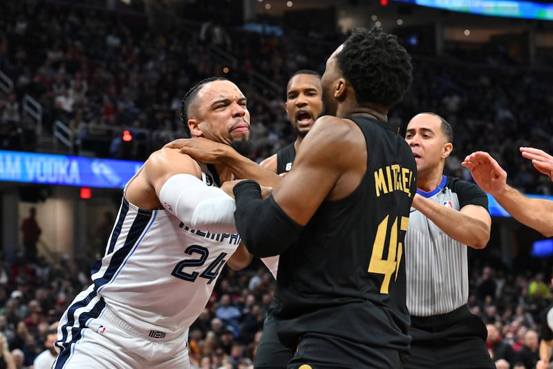 Full throttle: Dillon Brooks of the Memphis Grizzlies fights with Donovan Mitchell of the Cleveland Cavaliers during their clash at Rocket Mortgage Fieldhouse in Cleveland, Ohio, earlier this month. Photograph: Jason Miller/Getty Images
