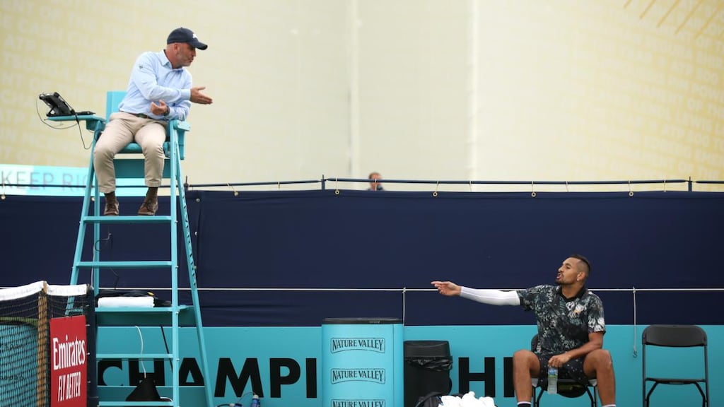 Nick Kyrgios launched an expletive-ridden rant at Irish umpire Fergus Murphy at Queens in June after missing a set point against Roberto Carballes Baena. Photograph: Alex Pantling/Getty Images