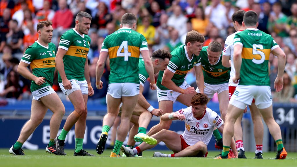 Tyrone’s Conor Meyler under pressure against Kerry. Photograph: James Crombie/Inpho