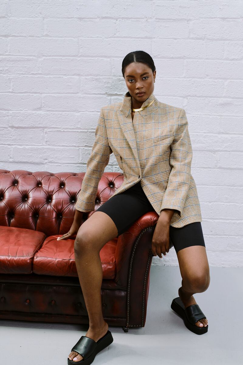 Cleo Prickett: Yaddi jacket in herringbone lambswool tweed from Magee (€745), jumpsuit in Savile Row fine Merino wool (€690). Photograph: Eoin Greally