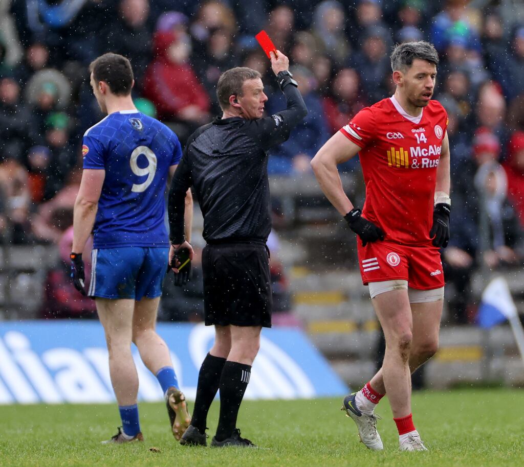 Monaghan’s Killian Lavelle red carded by referee Joe McQuillan. Photograph: James Crombie/Inpho