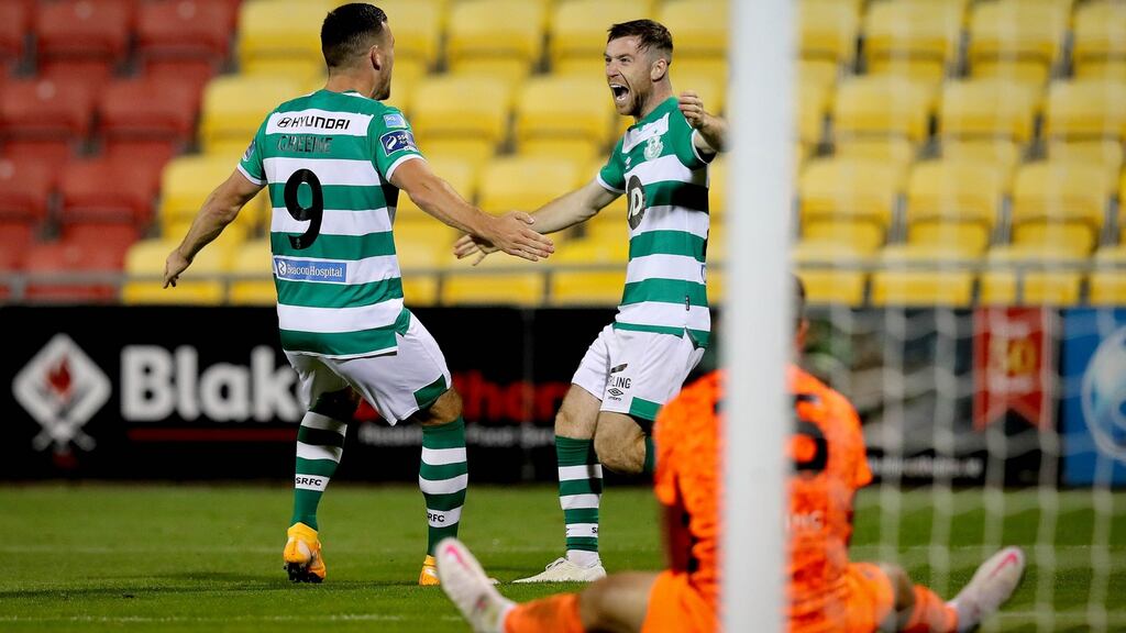 Jack Byrne celebrates scoring Shamrock Rovers’ fourth against Waterford. Photograph: Ryan Byrne/Inpho