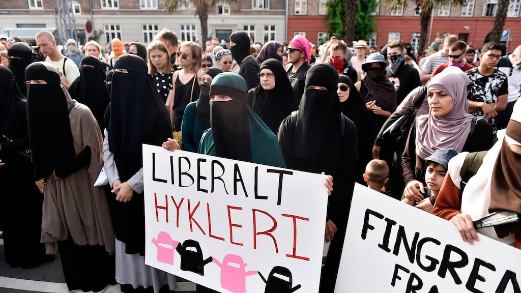 A demonstration on the first day of the implementation of the Danish face veil ban, in Copenhagen. Photograph: Ritzau Scanpix/Mads Claus Rasmussen/AFP/Getty Images