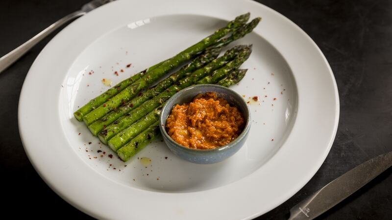 Chargrilled asparagus and romesco. Photograph: Emma Jervis