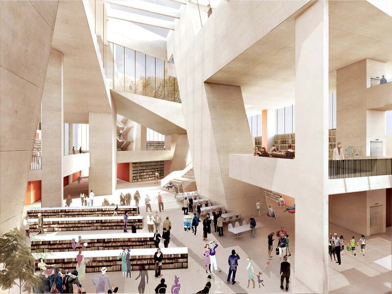 An illustration of the interior of Grafton Architects’ proposed Dublin library. Illustration: Grafton Architects