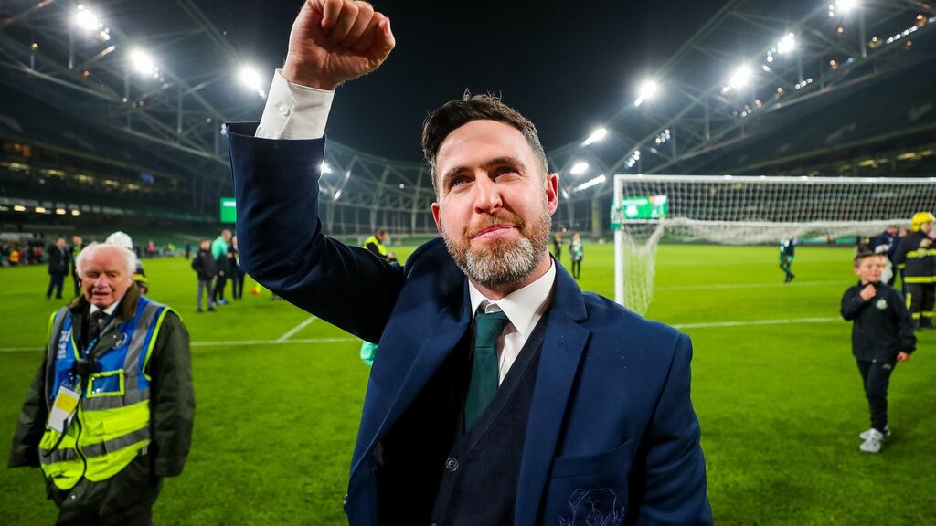 Shamrock Rovers manager Stephen Bradley celebrates after the FAI Cup final victory over Dundalk. “To go to the next level, to go and win leagues, you have to win something.” Photograph: Oisín Keniry/Inpho
