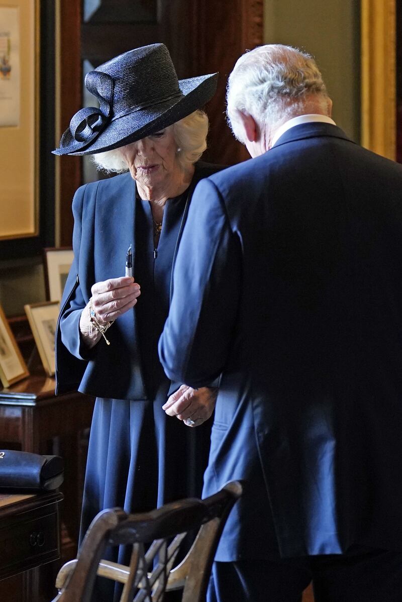 ‘It’s going everywhere’: Camilla and Charles with a problem pen at Hillsborough Castle, in Co Down, in September 2022. Photograph: Niall Carson/PA