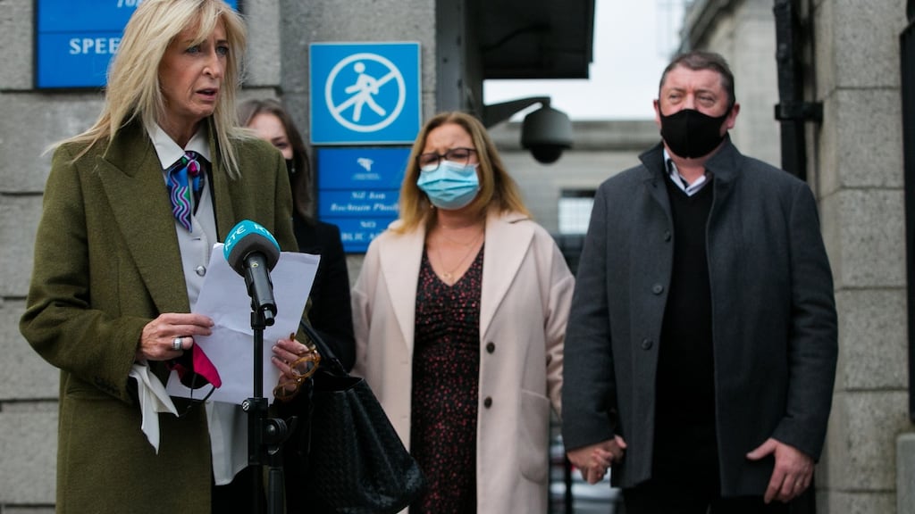 Solicitor Gillian O’Connor with Deirdre and Adrian Molloy outside the High Court on Wednesday after Oran Molloy settled his birth injury case for € 30 million. Photograph: Collins Courts