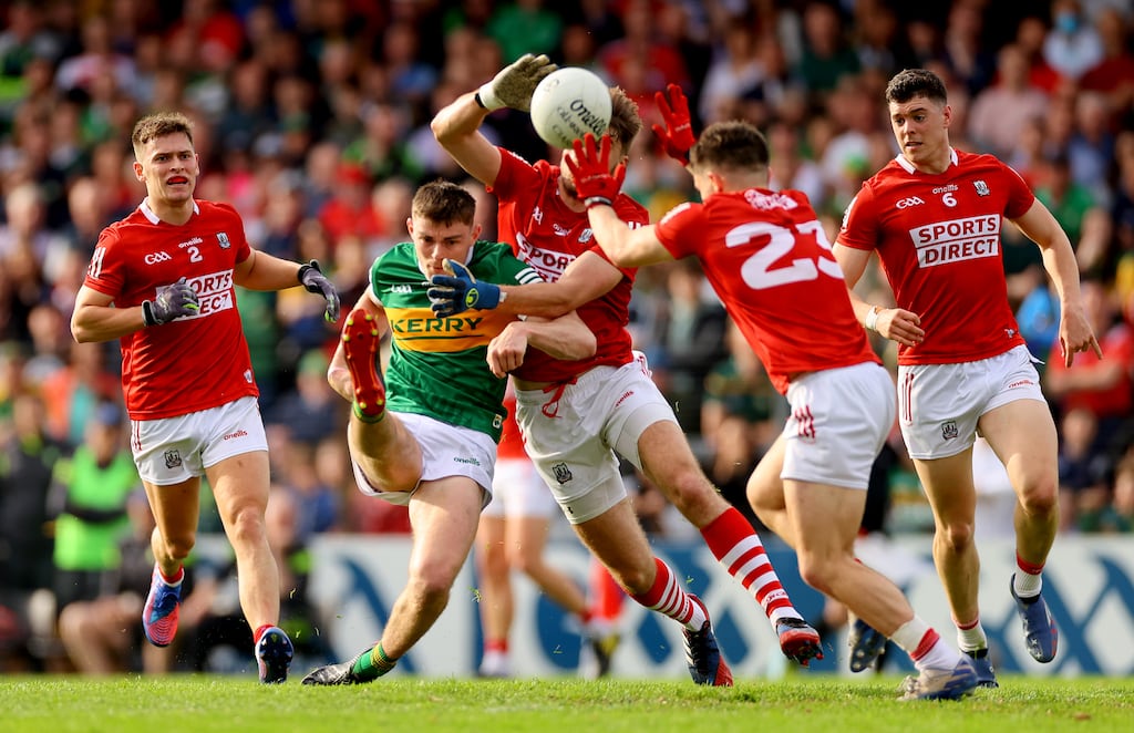 Cork's Kevin O’Donovan, Ian Maguire, Sean Powter and Rory Maguire tackle Kerry's Diarmuid O’Connor during last year's Munster semi-final at Páirc Uí Rinn. Photograph: James Crombie/Inpho