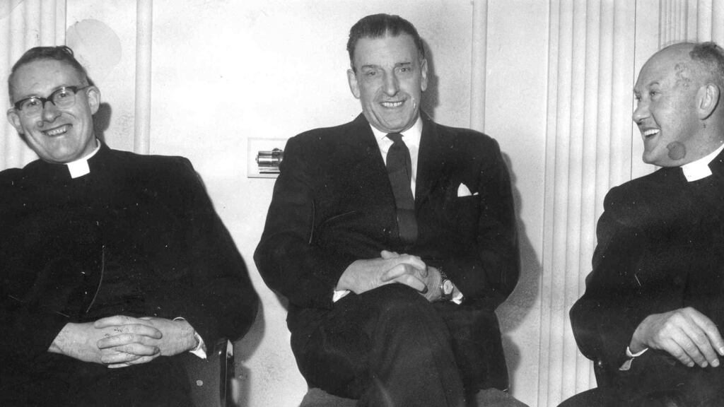 Seán Lemass with Dr Jeremiah Newman (left) and the Very Rev Maurice Morrissey (in 1963): Dr Newman said Catholic politicians were “not entitled to follow their consciences in a void, as though a teaching authority did not exist in the Catholic Church”. Photograph: Tommy Collins