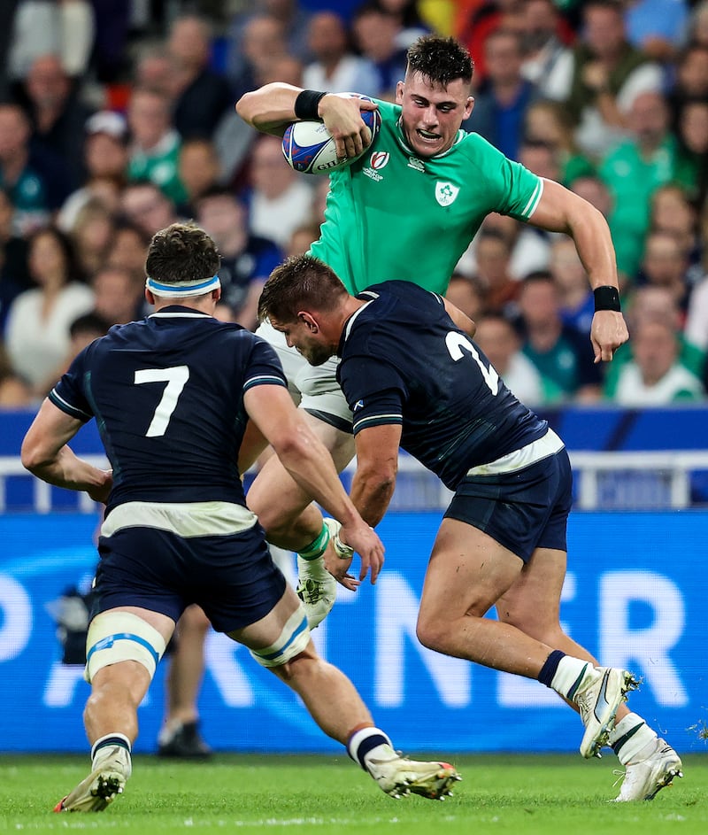 Ireland's Dan Sheehan in action against Scotland's Rory Darge and George Turner. Photograph: Dan Sheridan/Inpho