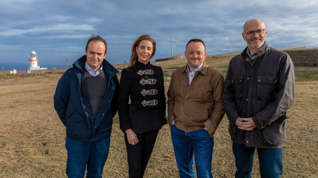 Seamus Bonner (Arranmore Community Council), Elaine Carey (chief commercial officer, Three), Adrian Begley (Arranmore Business Council), and Eoin MacManus (business director, Three) at the broadband launch.