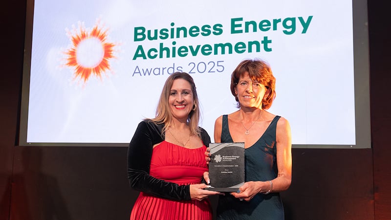Katherine Valery, awards judge, presents the innovation in decarbonisation - SME to Suzanne Geraty, Astellas Dublin
