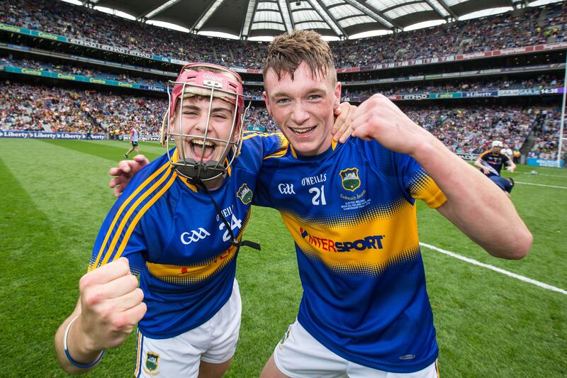 Dillon Quirke (right) and Conor Stakelum of Tipperary following the All-Ireland minor hurling championship final win over Limerick at Croke Park in 2016. Photograph: Cathal Noonan/Inpho