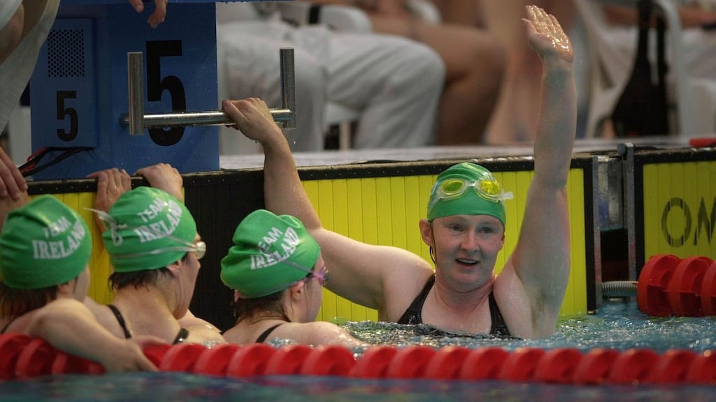Catriona Kearney, (right) celebrates with fellow Ireland team members Laura Jane Dunne, Karina Houlihan and Brid Lynch in the 4x50 freestyle relay during the Special Olympics World Games in June 2003. Photograph: Dara Mac Dónaill/The Irish Times