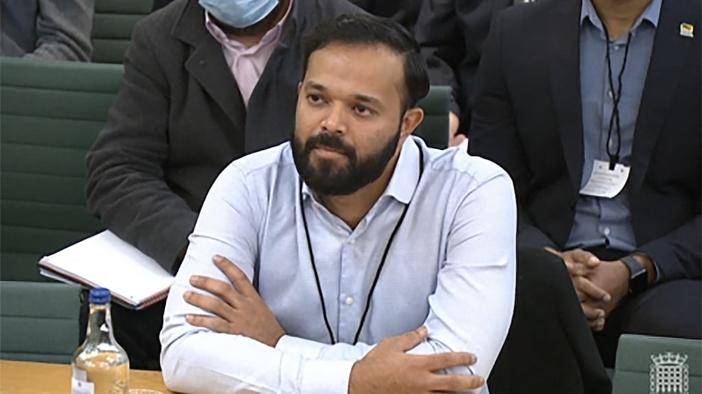 A video grab of former Yorkshire cricketer Azeem Rafiq testifying in front of a Digital, Culture, Media and Sport (DCMS) Committee. Photograph: PRU/AFP via Getty Images